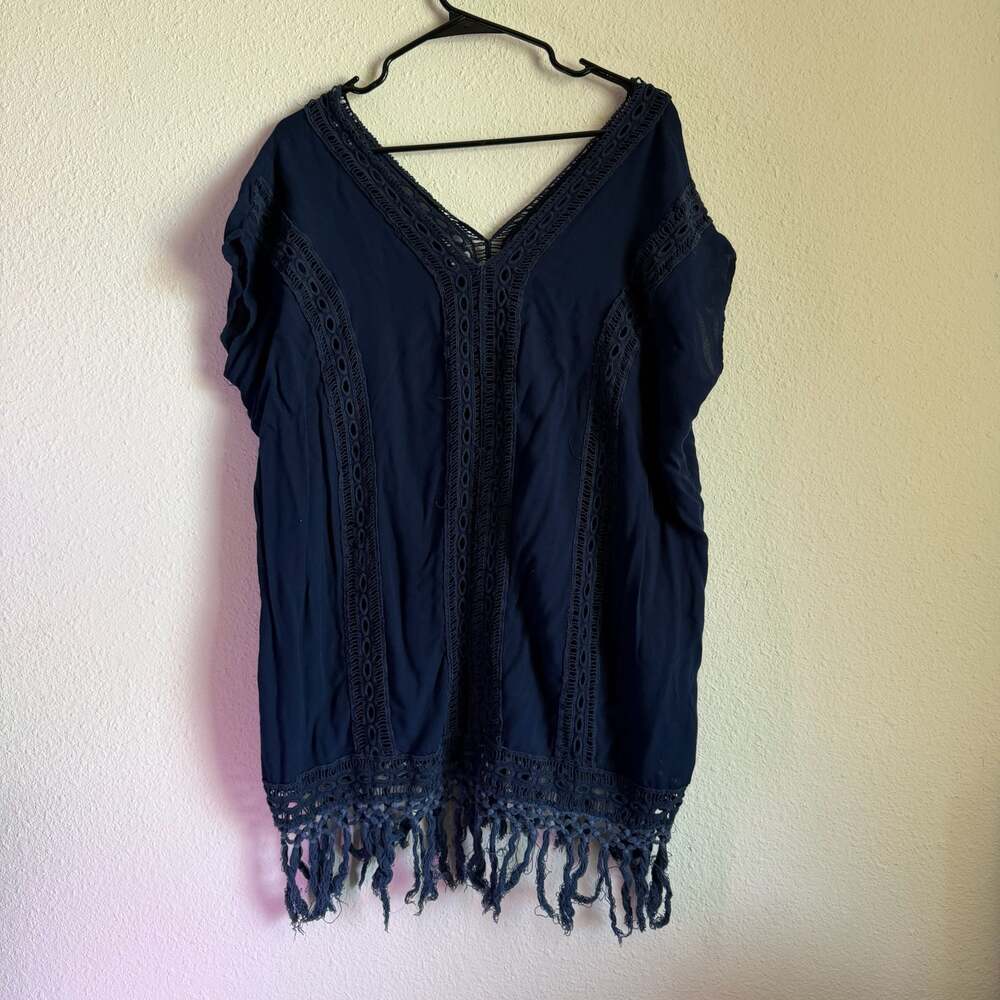 Navy Crochet Fringe Top Boho Festival Beach Coverup Peasant Blouse
